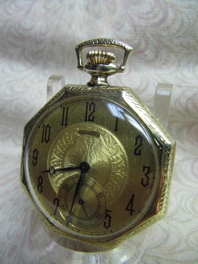 waltham pocket 1920s face open mechanical octagonal watches swiss portland maine yellow